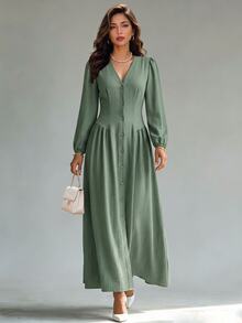 Editum Gaun Wanita Elegan Kasual Kancing Lipit Pinggang Lengan Panjang untuk Kantor/Brunch, Warna Hijau Sage, Musim Gugur - Dark Green - View 2