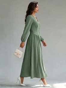 Editum Gaun Wanita Elegan Kasual Kancing Lipit Pinggang Lengan Panjang untuk Kantor/Brunch, Warna Hijau Sage, Musim Gugur - Dark Green - View 4