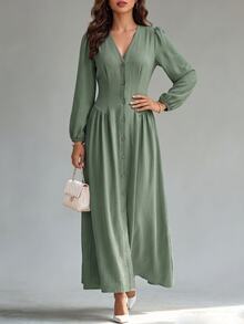 Editum Gaun Wanita Elegan Kasual Kancing Lipit Pinggang Lengan Panjang untuk Kantor/Brunch, Warna Hijau Sage, Musim Gugur - Dark Green - View 8