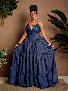 Maweii Plus Size Women Denim Effect A-Line Long Strap Sexy Dress Fall - Blue - View 3