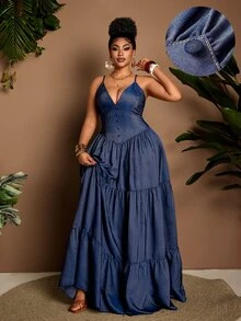 Maweii Plus Size Women Denim Effect A-Line Long Strap Sexy Dress Fall - Blue - View 8