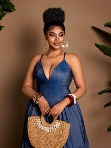 Maweii Plus Size Women Denim Effect A-Line Long Strap Sexy Dress Fall - Blue - View 2