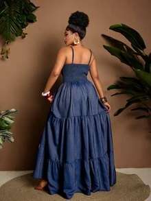 Maweii Plus Size Women Denim Effect A-Line Long Strap Sexy Dress Fall - Blue - View 6