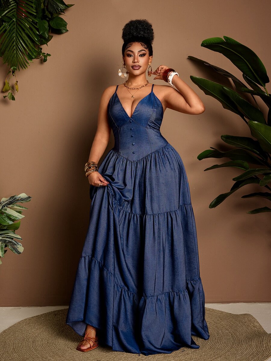 Maweii Plus Size Women Denim Effect A-Line Long Strap Sexy Dress Fall - Blue - View 1