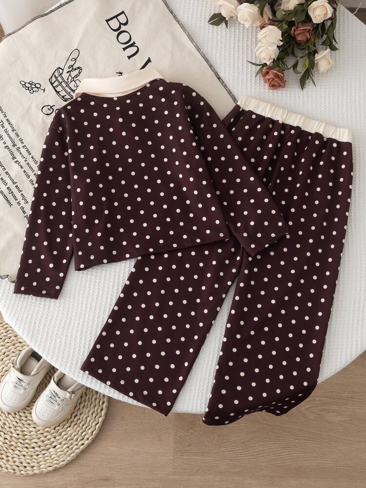 Little Girls Polka Dot Polo Collar 2 Piece Set Suitable For School Fall Outdoor Play Short Trips Visit - Coffee Brown - View 2