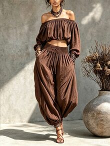 SHEIN Holidaya Women's Bohemian Style 2-Piece Set: Off-Shoulder Long Sleeve Fitted Top And Drawstring Harem Pants, Vintage Brown Linen Fabric, Matching Design, Suitable For Vacation Wear - Brown - View 5
