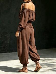 SHEIN Holidaya Women's Bohemian Style 2-Piece Set: Off-Shoulder Long Sleeve Fitted Top And Drawstring Harem Pants, Vintage Brown Linen Fabric, Matching Design, Suitable For Vacation Wear - Brown - View 3