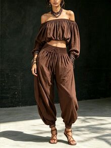 SHEIN Holidaya Women's Bohemian Style 2-Piece Set: Off-Shoulder Long Sleeve Fitted Top And Drawstring Harem Pants, Vintage Brown Linen Fabric, Matching Design, Suitable For Vacation Wear - Brown - View 4