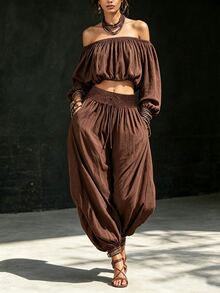 SHEIN Holidaya Women's Bohemian Style 2-Piece Set: Off-Shoulder Long Sleeve Fitted Top And Drawstring Harem Pants, Vintage Brown Linen Fabric, Matching Design, Suitable For Vacation Wear - Brown - View 2
