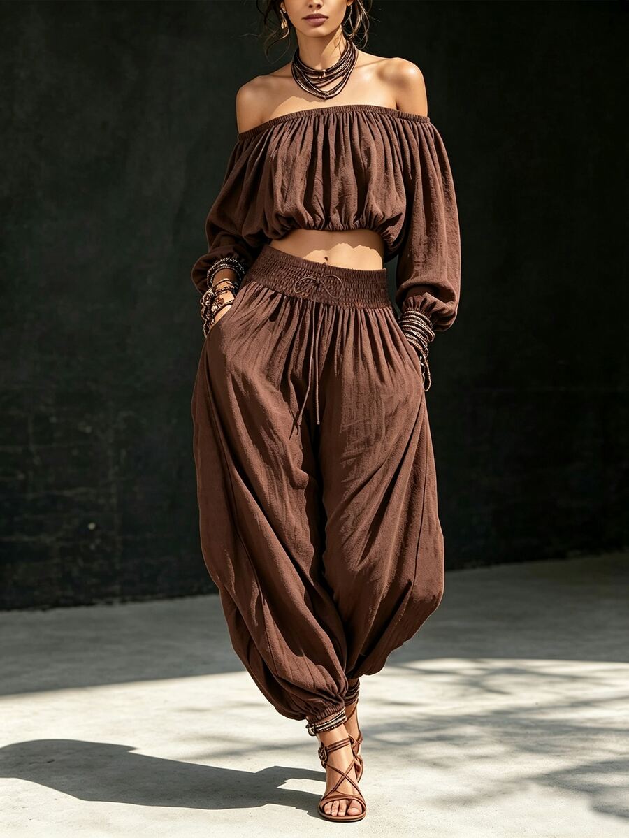 SHEIN Holidaya Women's Bohemian Style 2-Piece Set: Off-Shoulder Long Sleeve Fitted Top And Drawstring Harem Pants, Vintage Brown Linen Fabric, Matching Design, Suitable For Vacation Wear
