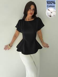 Firerie Women's Black Summer Elegant Mature Smart Casual Office Dinner Brunch Shirt Minimalist Commute Teachers' Day Vintage Bamboo Texture Round Neck Top - Black - View 4