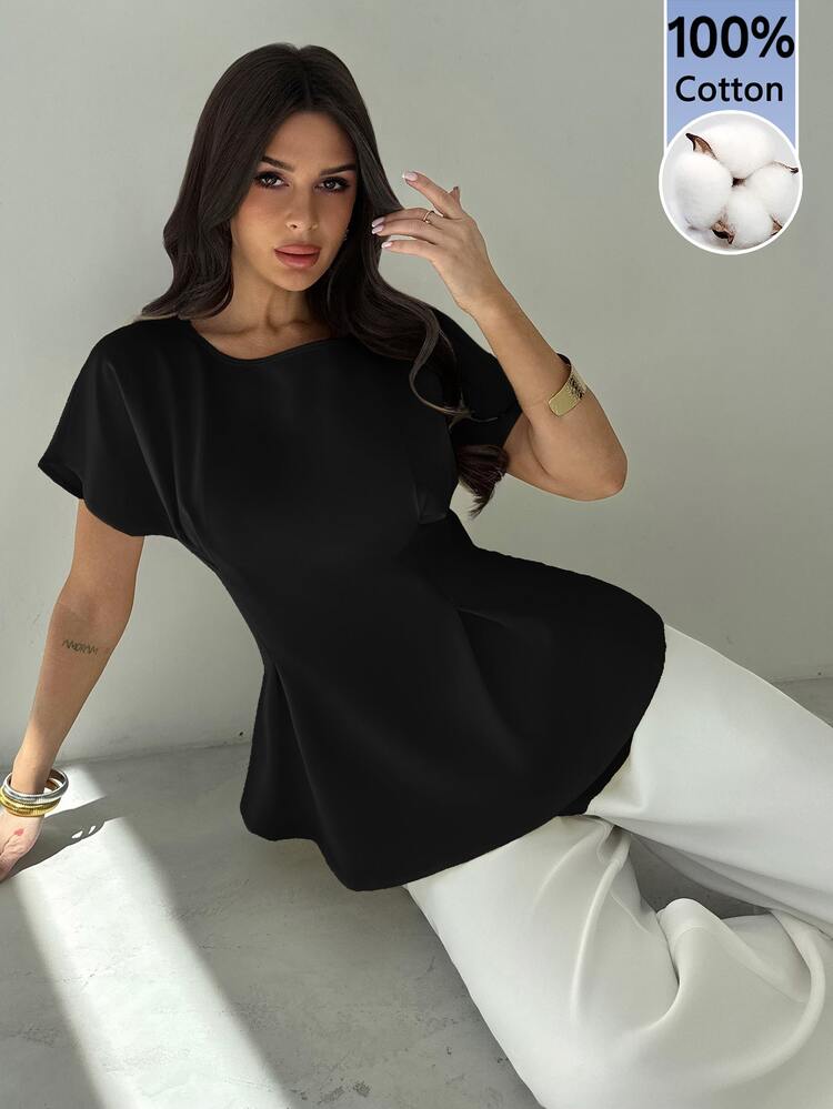 Firerie قميص نسائي جديد بأسلوب عصري أنيق للتنقل والإجازات، بنمط عتيق بنسيج من البامبو الأسود بياقة مستديرة وأكمام قصيرة وخصر مجمع على شكل X، مناسب للاستخدام اليومي والإجازات والشاطئ - الأسود - مشاهدة 8