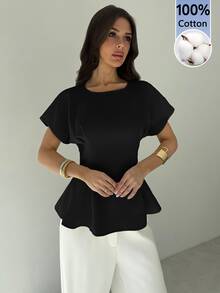 Firerie Women's Black Summer Elegant Mature Smart Casual Office Dinner Brunch Shirt Minimalist Commute Teachers' Day Vintage Bamboo Texture Round Neck Top - Black - View 6