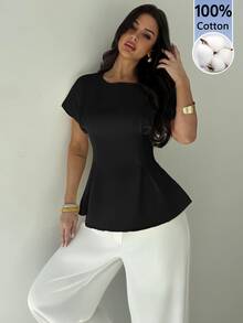 Firerie Women's Black Summer Elegant Mature Smart Casual Office Dinner Brunch Shirt Minimalist Commute Teachers' Day Vintage Bamboo Texture Round Neck Top - Black - View 5