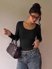 青少年女孩休閒日常百搭舒適T恤 - 黑與白 - 查看 1