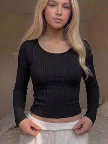 青少年女孩休閒日常百搭舒適T恤 - 黑與白 - 查看 3
