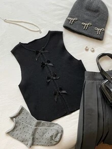 SHEIN Tall CURVE Plus Size Women's Solid Color Bowknot Decor Casual Knit Vest - Black - View 4