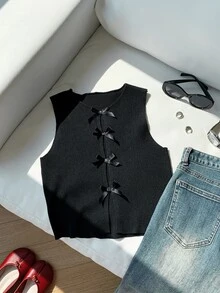 SHEIN Tall CURVE Plus Size Women's Solid Color Bowknot Decor Casual Knit Vest - Black - View 6