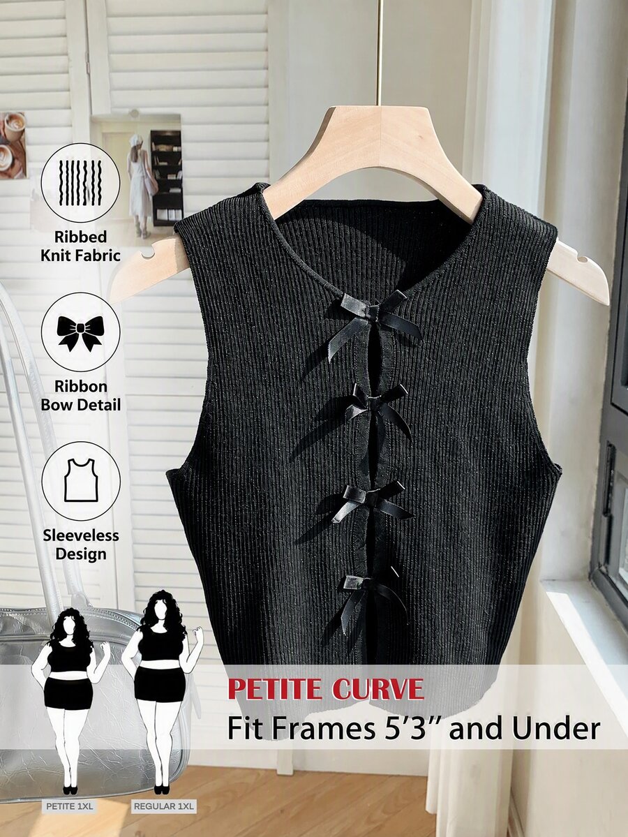SHEIN Tall CURVE Plus Size Women's Solid Color Bowknot Decor Casual Knit Vest - Black - View 1