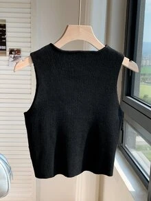 SHEIN Tall CURVE Plus Size Women's Solid Color Bowknot Decor Casual Knit Vest - Black - View 3