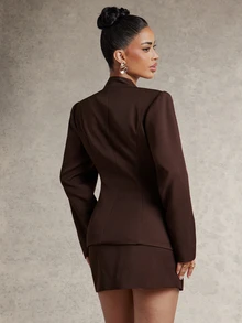 Silquee Plus size modejacka med lång ärm och metallknappsdekor samt minikjoldräktset - Brun - Visa 4