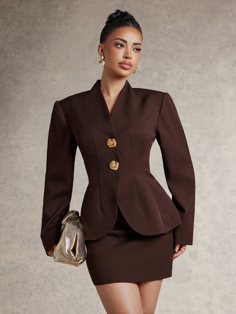 Silquee Plus Size Fashion Metal Button Decor Long Sleeve Jacket And Mini Skirt Suit Set - Brown - View 3