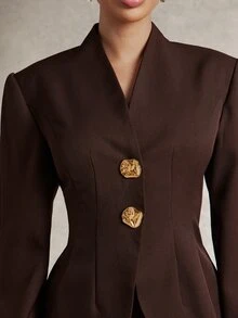 Silquee Plus size modejacka med lång ärm och metallknappsdekor samt minikjoldräktset - Brun - Visa 10