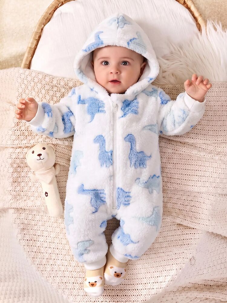 Cozy Pixies Newborn Baby Dinosaur Print Hooded Teddy Jumpsuit - Multicolor - View 4