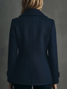 SHEIN Women's Navy Blue Double-Breasted Knit Dragon & Phoenix Wool Coat, French Style Commuter Lapel Slimming Jacket - Navy Blue - View 2
