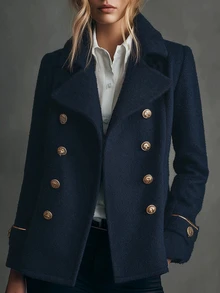 SHEIN Women's Navy Blue Double-Breasted Knit Dragon & Phoenix Wool Coat, French Style Commuter Lapel Slimming Jacket - Navy Blue - View 3