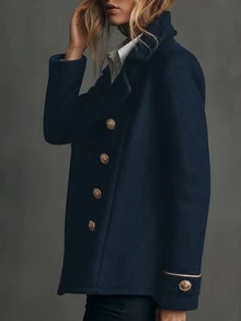 SHEIN Women's Navy Blue Double-Breasted Knit Dragon & Phoenix Wool Coat, French Style Commuter Lapel Slimming Jacket - Navy Blue - View 5