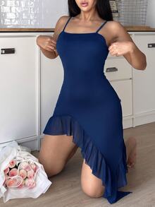 DUSKBASE Romantic Ruffle Trim Sexy Women's Nightgown - Royal Blue - View 5