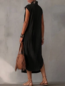 SHEIN Summer Pure Cotton White V-Neck Bud Stand Collar Long Dress Women's Elegant Dress Women's Casual Dress Summer Dress Women's Summer Dress Women's Vacation Wear Women's Holiday Wear Women's White Dress Women's Summer Dress Women's Beach Cover-Up White Dress - Black - View 3