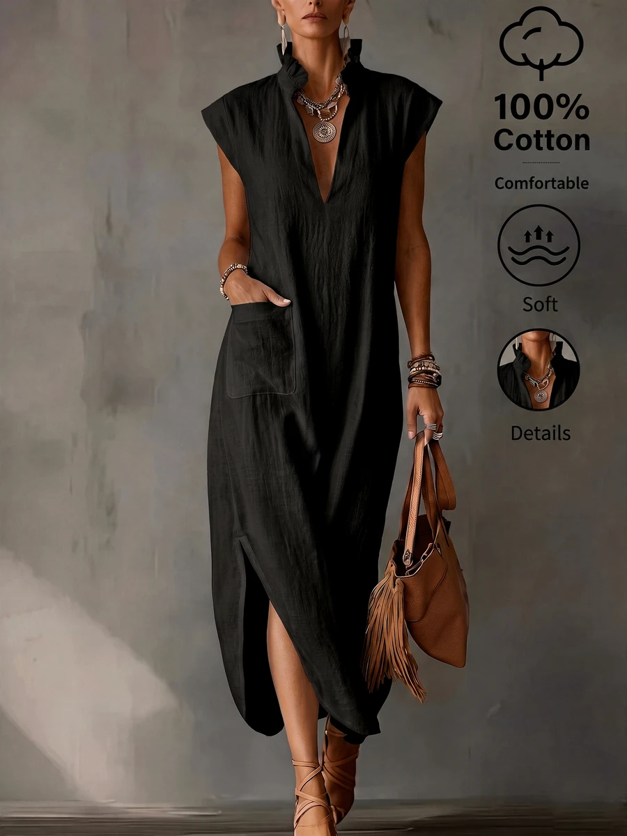 SHEIN Summer Pure Cotton White V-Neck Bud Stand Collar Long Dress Women's Elegant Dress Women's Casual Dress Summer Dress Women's Summer Dress Women's Vacation Wear Women's Holiday Wear Women's White Dress Women's Summer Dress Women's Beach Cover-Up White Dress