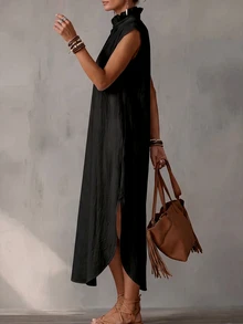 SHEIN Summer Pure Cotton White V-Neck Bud Stand Collar Long Dress Women's Elegant Dress Women's Casual Dress Summer Dress Women's Summer Dress Women's Vacation Wear Women's Holiday Wear Women's White Dress Women's Summer Dress Women's Beach Cover-Up White Dress - Black - View 6