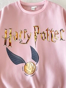 PrepCrw HARRY POTTER X SHEIN 大女孩可愛休閒童款百搭針織白色粉色圖案長袖秋季衛衣 教師節校園穿搭 - 粉色 - 查看 6