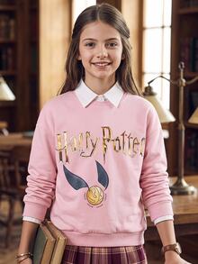 PrepCrw HARRY POTTER X SHEIN 大女孩可愛休閒童款百搭針織白色粉色圖案長袖秋季衛衣 教師節校園穿搭 - 粉色 - 查看 1