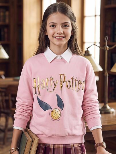 PrepCrw HARRY POTTER X SHEIN Tween Girl Cute Casual Versatile Knitted Pink Long Sleeve Autumn Sweatshirt