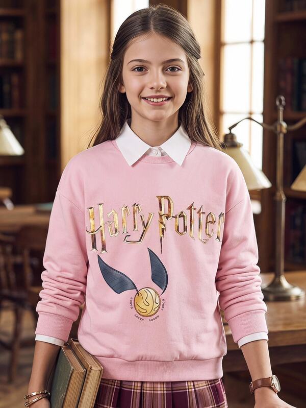 PrepCrw HARRY POTTER X SHEIN Sweatshirt Rajut Lengan Panjang Warna Pink untuk Anak Perempuan Remaja, Model Kasual Lucu dan Serbaguna, Cocok untuk Musim Gugur.