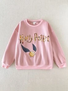 PrepCrw HARRY POTTER X SHEIN 大女孩可愛休閒童款百搭針織白色粉色圖案長袖秋季衛衣 教師節校園穿搭 - 粉色 - 查看 4