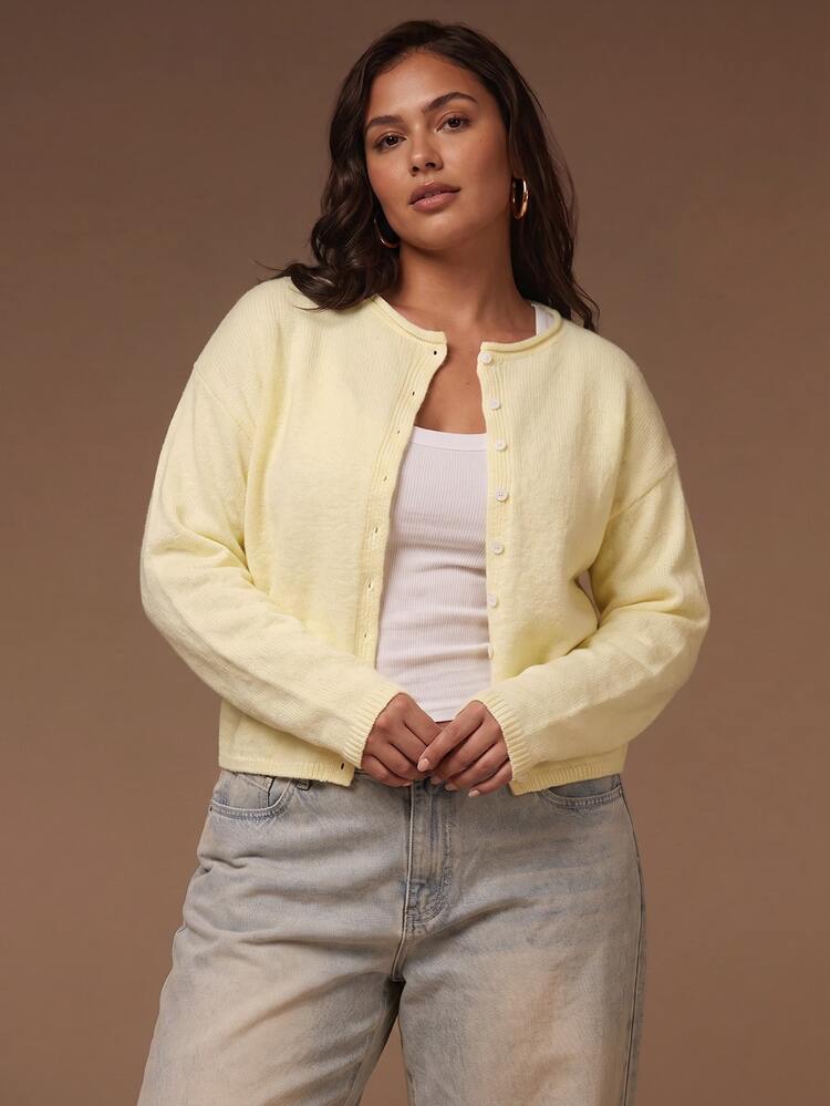 SHEIN Tall CURVE Plus Size Versatile Fashion Single-Breasted Long Sleeve Knit Cardigan - Yellow - View 4