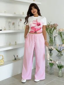 GalTyme 大码夏季休闲碎花短款T恤和条纹裤两件套 - 彩色 - 查看 6