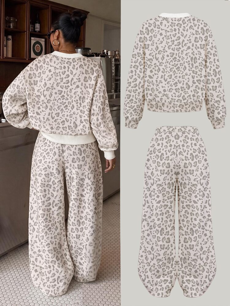 SHEIN Sparklyn Fashion Leopard Print 2-Piece Casual Set, Round Neck Drop Shoulder Sweatshirt Loose Fit, Matching Wide Leg Pants, No Need To Worry About Matching, Suitable For Daily Outings, Home Leisure And Other Multiple Occasions, Creating A Relaxed European And American Style Outfit - Multicolor - View 2