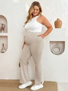 Plussiva Plus Size Maternity Striped Adjustable Waistband Pocket Casual Versatile Daily Wear Long Pants , Summer - Apricot - View 6