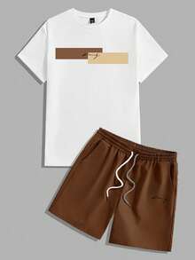 Sorvial Plus Size Men's Minimalist Color Block Letter Print T-Shirt And Brown Shorts Casual Set - Brown - View 2