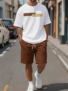 Sorvial Plus Size Men's Minimalist Color Block Letter Print T-Shirt And Brown Shorts Casual Set - Brown - View 1