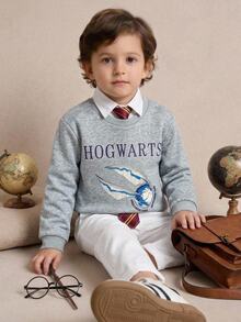 PrepCrw HARRY POTTER X SHEIN 兒童小男孩圓領字母圖案休閒日常長袖秋季衛衣 - 灰色 - 查看 2
