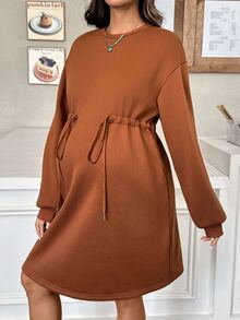 SHEIN Gaun Hamil Kasual dengan Tali Serut di Pinggang dan Lapisan Termal untuk Musim Gugur/Dingin - Rust Brown - View 5