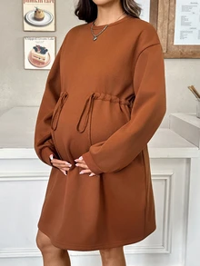 SHEIN Gaun Hamil Kasual dengan Tali Serut di Pinggang dan Lapisan Termal untuk Musim Gugur/Dingin - Rust Brown - View 3