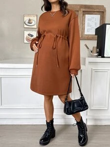 SHEIN Gaun Hamil Kasual dengan Tali Serut di Pinggang dan Lapisan Termal untuk Musim Gugur/Dingin - Rust Brown - View 6